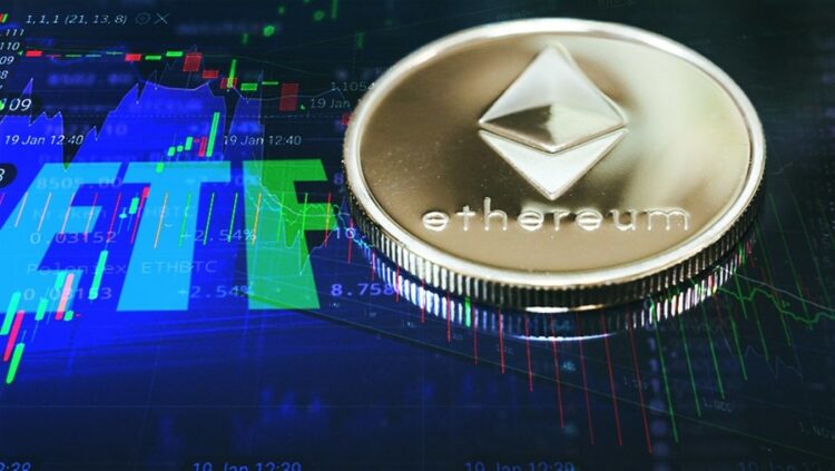 Una moneda de Ethereum junto a las letras ETF.